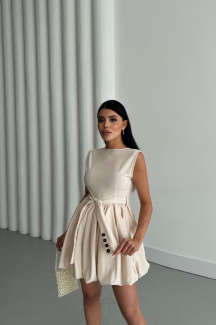 BALON ETEKLİ TASARIM KISA ELBİSE - Bej