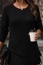 Kadın Uzun Kollu Yuvarlak Yakalı Yanlardan Bağcıklı Triko Bluz - Görsel 2