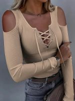Kadın Omuzlardan Açık Uzun Kollu Bağcıklı Kaşkorse Bluz - Görsel 3