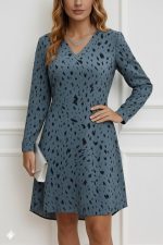 Kadın Uzun Kollu V Yakalı Desenli Kısa Keten Elbise - Görsel 3