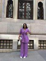 KISA KOL BAĞLAMA DETAYLI CEKET-PANTOLON TAKIM - Mor - Görsel 3