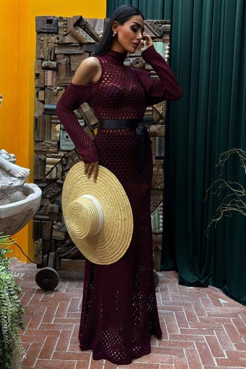 dd0a423d5cb38f869cc5 Saten Kuşaklı Ajurlu Triko Elbise 2847 - Görsel 1