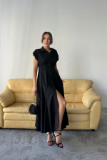 KOLSUZ VATKALI ÖNDEN DÜĞMELİBEL PENS DETAYLI POPLİN ELBİSE - Siyah - Görsel 3