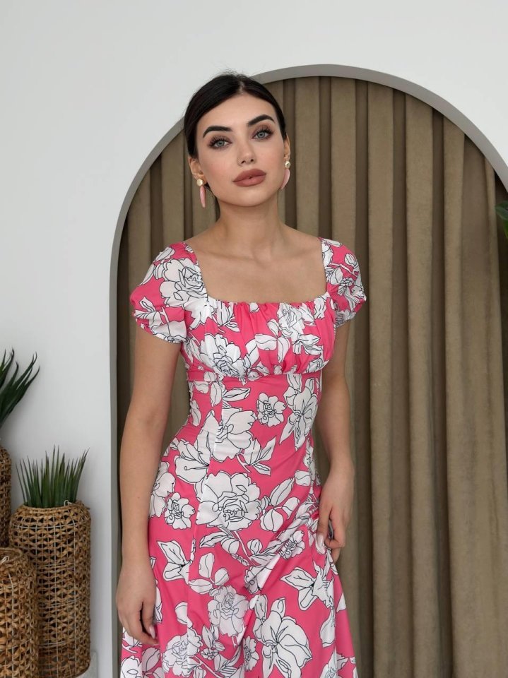 dd23bf158b35d4e4d5c3 Kare Yaka Çiçekli Elbise - Görsel 1