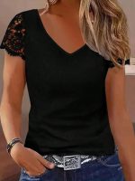 Kadın Kısa Kollu V Yakalı Dantel Detaylı Viskon Bluz - Görsel 3