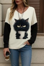 Kadın Uzun Kollu V Yakalı Kedi Baskılı şardonlu Dalgıç Bluz