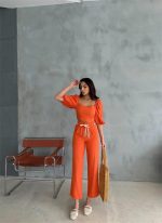 KETEN CROP KARPUZ KOL BLUZ-PANTOLON HASIR KEMERLİ - Orange