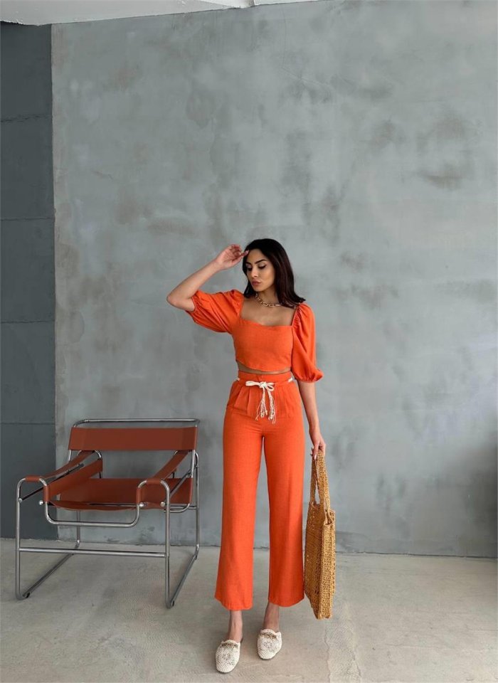 df2838847a59a7adbfb3 KETEN CROP KARPUZ KOL BLUZ-PANTOLON HASIR KEMERLİ - Orange - Görsel 1