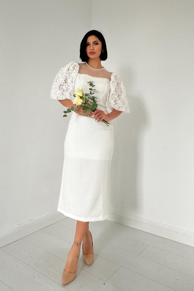 df33304056376638a15c Beyaz İncili Tül Detay Elbise - Görsel 1