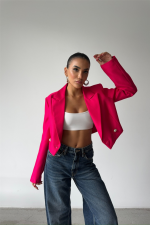 ARKASI İNCİ DÜĞME DETAYLI CROP CEKET - Fuşya - Görsel 2