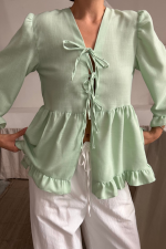 KETEN BLUZ ÖNDEN BAĞLAMALI FIRFIR DETAYLI - Yeşil - Görsel 2