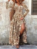 Kadın Uzun Kollu V Yakalı Desenli Süprem Elbise - Görsel 2