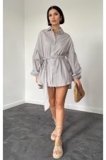 Kahverengi Çizgili Poplin Kuşaklı Gömlek - Görsel 3