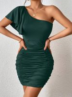 Kadın Tek Omuzu Açık Asimetrik Yaka Detaylı Büzgülü Sandy Elbise - Görsel 2