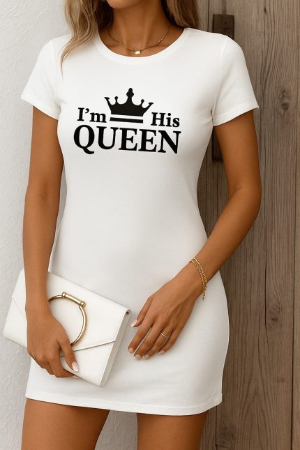 Kadın Kısa Kollu Queen Baskı Iki Iplik Mini Elbise