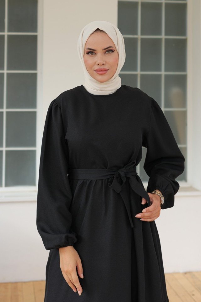 e0f7db7c771e65d5880f19927ae7539e Kadın Uzun Kol Bisiklet Yaka Belden Bağlamalı Elbise - Görsel 1