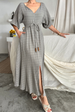 V YAKA BEL BONCUK BAĞLAMALI MÜSLİN ELBİSE YIRTMAÇ DETAYLI - Gri - Görsel 2
