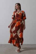 Desenli Balon Kol Kloş Elbise - Kahve - Görsel 2