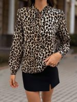Kadın Uzun Kollu Yakadan Bağcıklı Leopar Desenli Süprem Bluz - Görsel 2