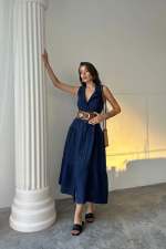 MÜSLİN ELBİSE GÖMLEK YAKA KOLSUZ ÖNDEN DÜĞMELİ - Lacivert - Görsel 2