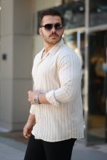 Erkek çizgili Keten Gömlek - Görsel 2