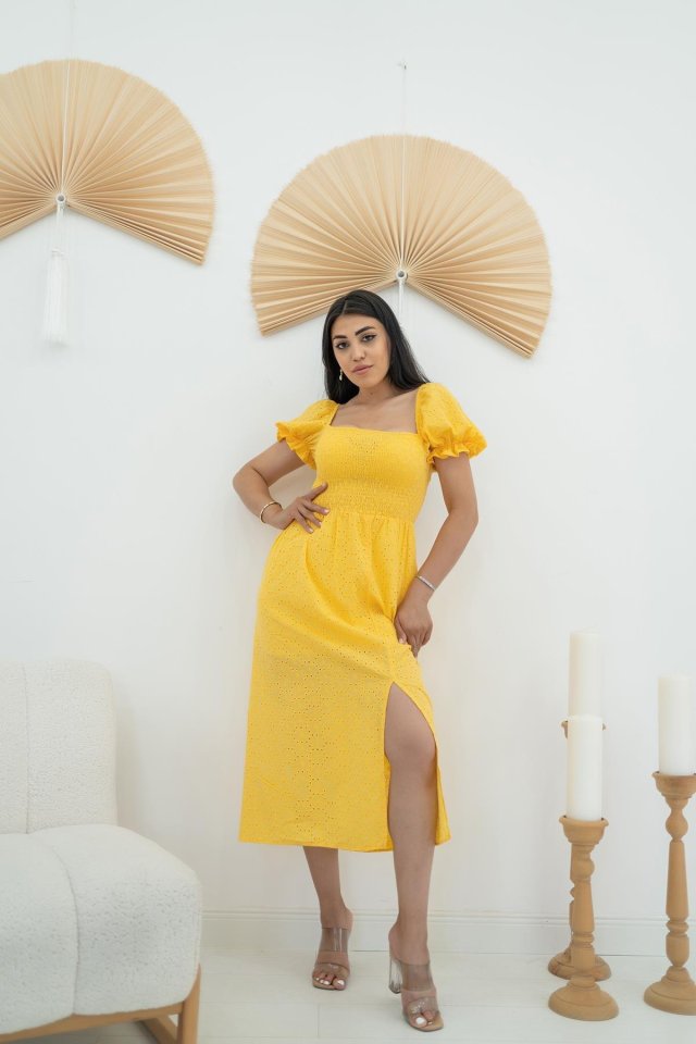 e2510b4fb816be96f7af Sarı Tokalı Fisto Elbise - Görsel 1