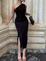 Kadın Tek Omuzu Açık Büzgülü Yandan Yırtmaçlı Uzun Sandy Elbise - Görsel 2