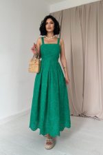 Yeşil Askılı Aparatlı Brode Elbise