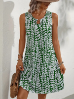 Kadın Sıfır Kol Yakadan Halka Detaylı Desenli Kısa Bürümcük Elbise - Görsel 3