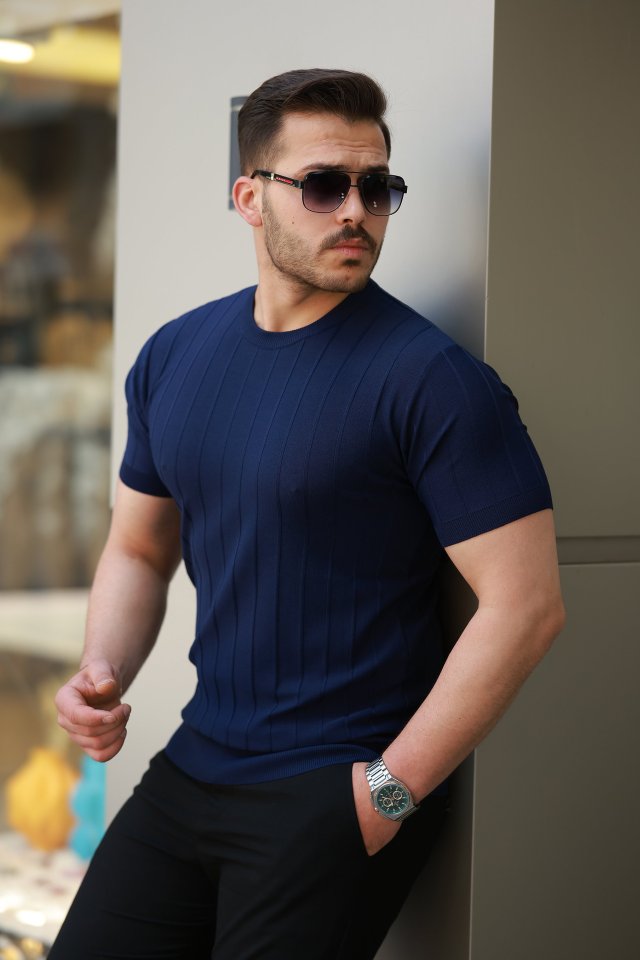 e3a169999ac9c1cc9502059028f1703f Erkek Kısa Kollu Bisiklet Yaka çizgili Triko Tişört - Görsel 1