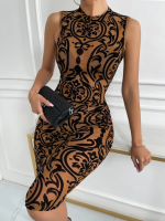 Kadın Kolsuz Yarı Balıkçı Yaka Desenli Dalgıç Elbise - Görsel 2