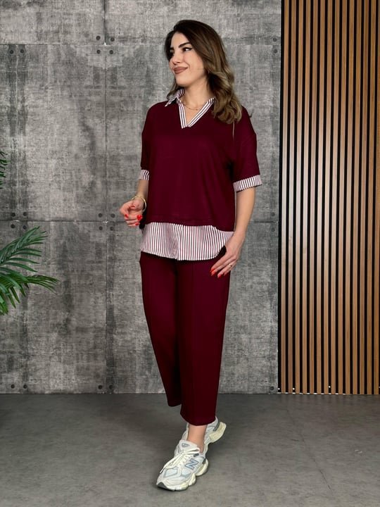 e4292f03cbd3ff329528e62cb5ffb14a Kadın Modal Kumaş çizgili Gömlek Yaka Ikili Takım - Görsel 1