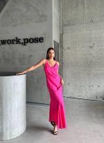 JAKARLI ASKILI SATEN ELBİSE ASİMETRİK - Pembe