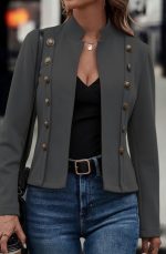 Kadın Uzun Kollu Hakim Yaka Yanlardan Düğmeli Kısa Süet Ceket - Görsel 2