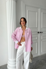 YAKA VE MANŞET BEYAZBOYFRİEND ÇİZGİLİPOPLİN GÖMLEK - Pembe - Görsel 3