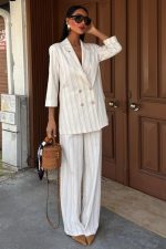 Blazer Ceketli Çizgili Keten Takım 10186