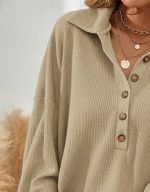 Kadın Uzun Kollu Yakalı Düğmeli Salaş Waffle Bluz - Görsel 3