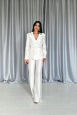 Ekru Beli Kuşaklı Ceket Ve Pantolon Parlak Takım - Görsel 2