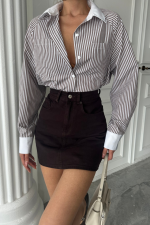 YAKA VE MANŞET BEYAZBOYFRİEND ÇİZGİLİPOPLİN GÖMLEK - Kahverengi - Görsel 2