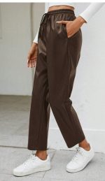 Kadın Yüksel Bel Bağcıklı Deri Pantolon - Görsel 3