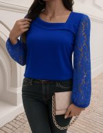 Kadın Uzun Kollu Asimetrik Yakalı Dantelli Ithal Krep Bluz