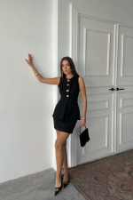 KLASİK GOLD DÜĞMELİ YELEK - KISA ETEK TAKIM - Siyah