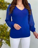 Kadın V Yaka Kolları Dökümlü Tül Detay Triko Bluz - Görsel 2