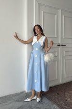 Mavi Gül Detaylı Atlas Elbise