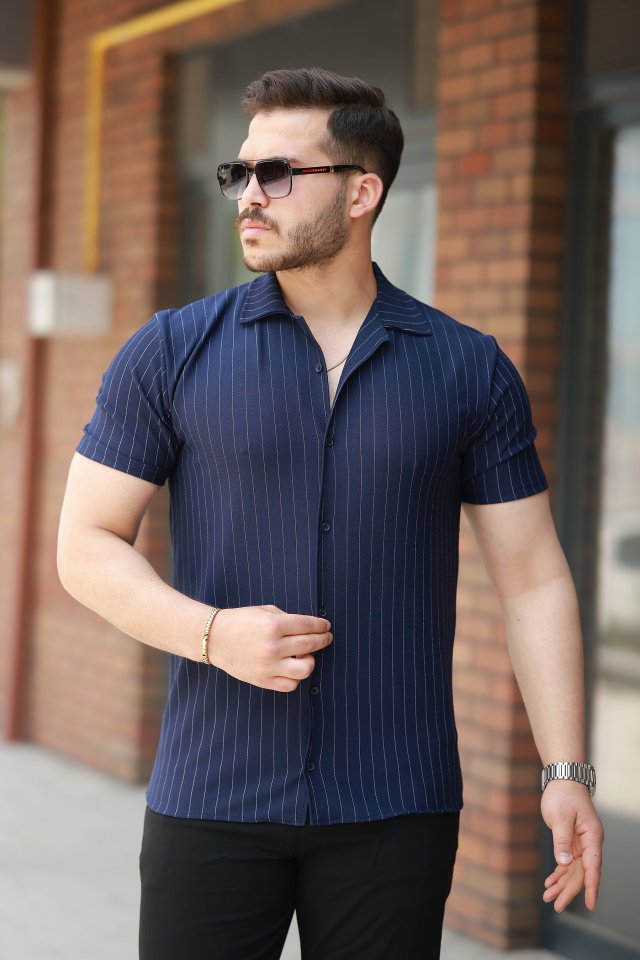 e7f53d229f5d384547b998c27816ad11 Erkek Kısa Kollu çizgili Gömlek - Görsel 1
