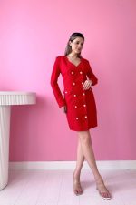 Kırmızı Gold Düğmeli Ceket Elbise - Görsel 3