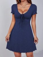 Kadın Kısa Kollu Derin Büzgülü V Yakalı Viskon Elbise - Görsel 3