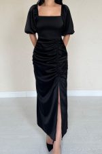 Siyah Büzgülü Saten Elbise - Görsel 3