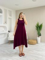 Kadın Askılı Yuvarlak Yakalı Asimetrik Kesim Detaylı Viskon Elbise