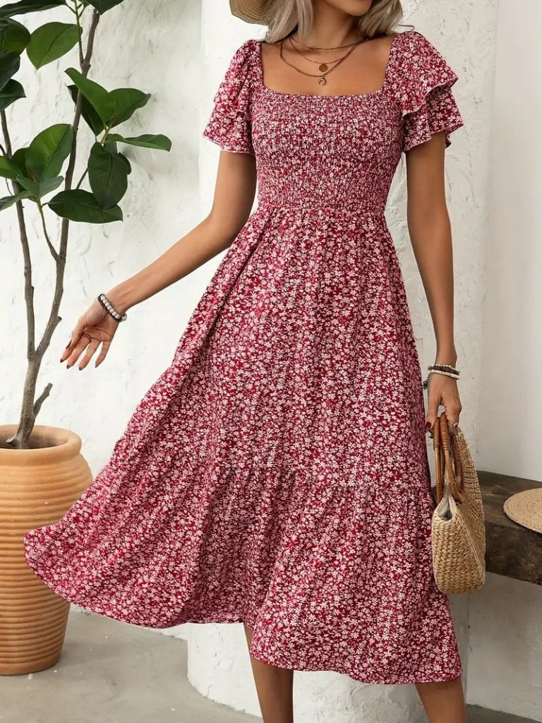 eac638f32c0c1ec1221c Kadın Kısa Kollu Gipe Detaylı Desenli Midi Süprem Elbise - Görsel 1